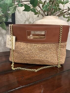 Woven Straw Crossbody with Brown Trim and Gold Chain